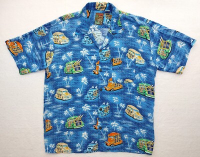 Pineapple Connection Hawaiian Shirt Mens Large Hawaiian Tropical Aloha Cars Blue