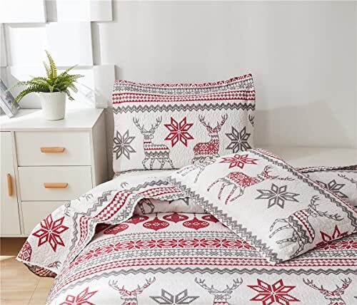 Christmas Bedspread Quilt Sets Size - Nordic Cabin Lodge King Red Gray - Picture 5 of 6