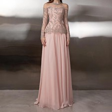 A-line Evening Dresses Floor-length Off Shoulder Full Sleeve Sequined Prom Gowns
