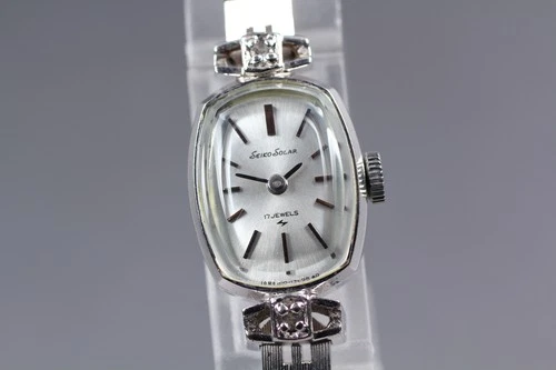 Vintage 1988[Exc+5] Seiko Solar 10-3420 Silver Diamonds 14mm Manual Ladies Watch