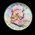 Franklin Half Dollar 1954 About Uncirculated 90% Silver Monster Rainbow Toning