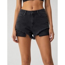 BDG High Rise Lou Hi-Low Shortie Black Denim Cut Off Shorts Women 26w