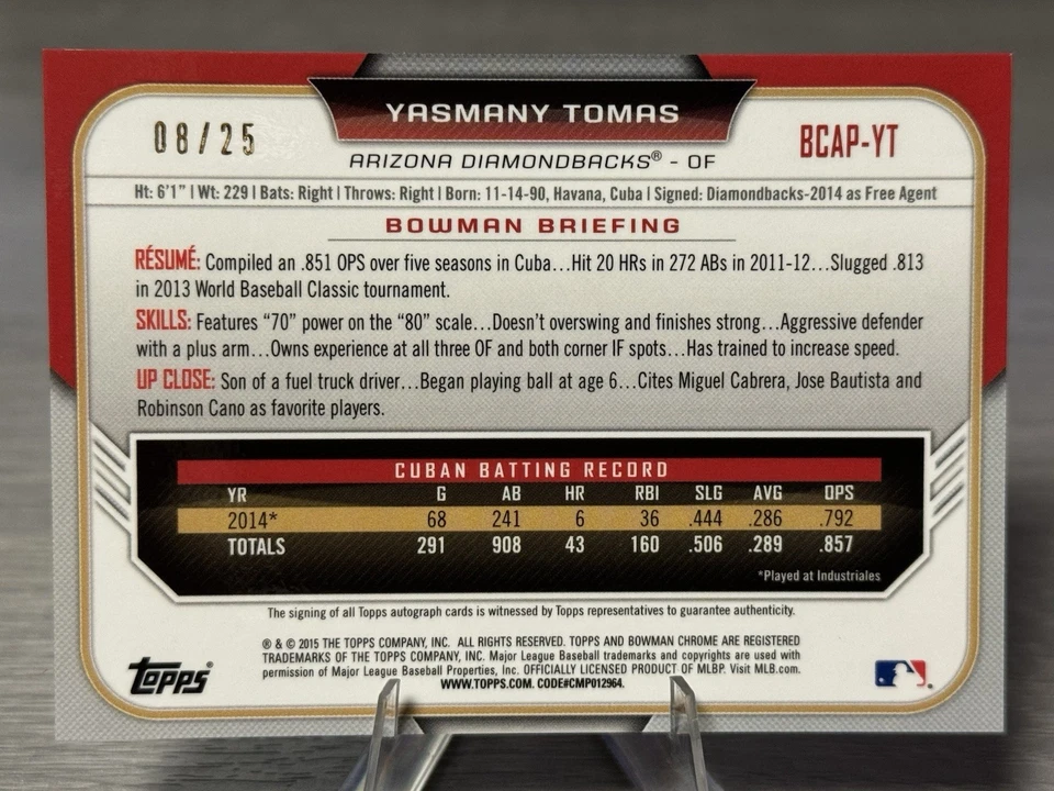 🔥YASMANI TOMAS 2015 Bowman Chrome Orange Refractor Auto 1st RC /25 #DBACKS!!!🔥 — 第 4/4 张图片