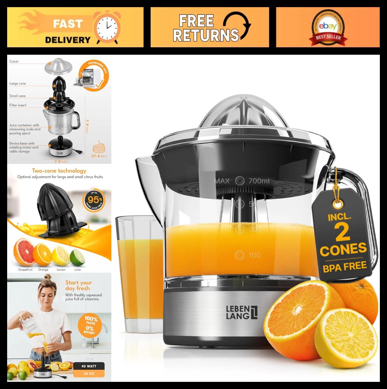 Electric Citrus Juicer - 24oz Orange & Lemon Squeezer, BPA-Free, High Juice Yiel