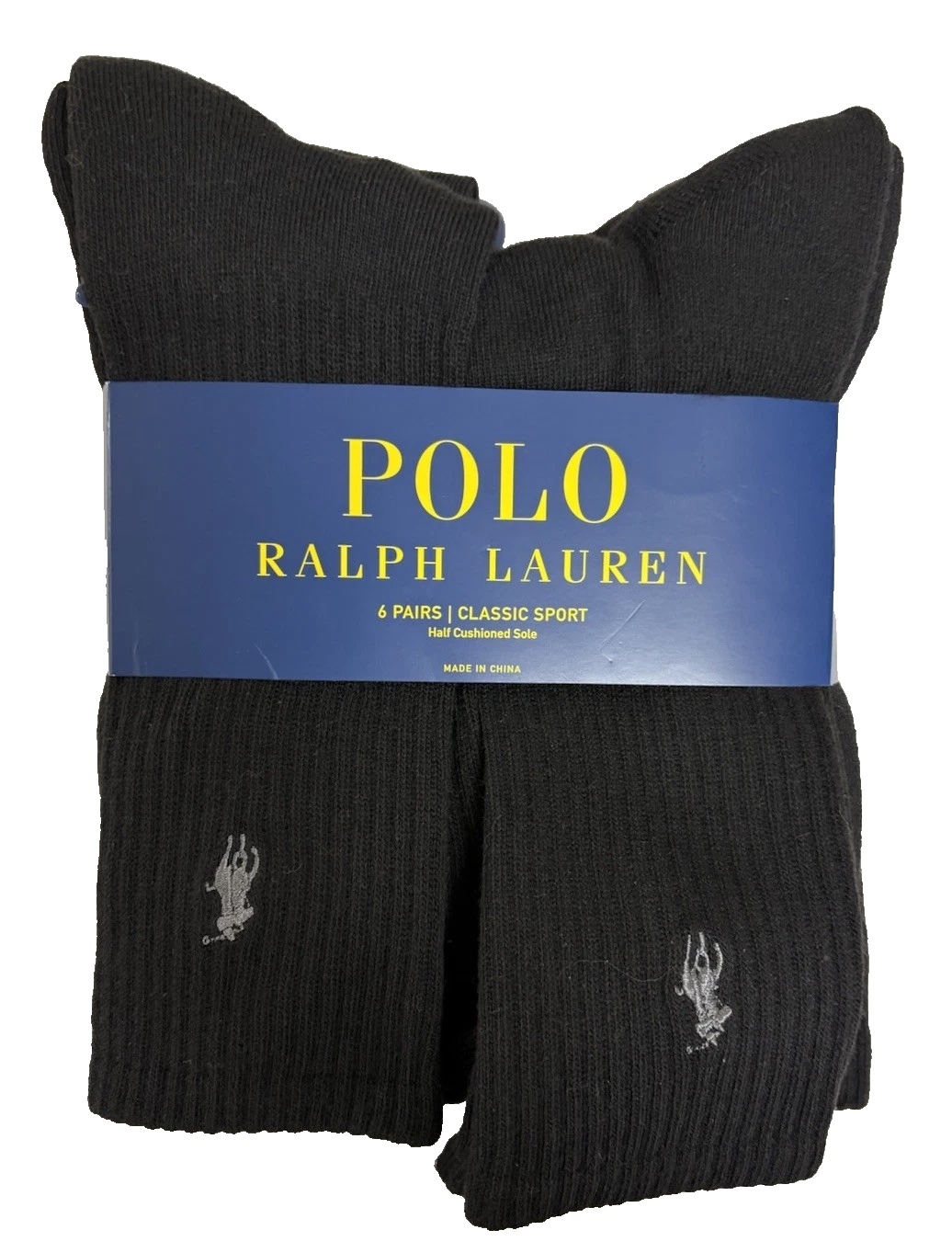 Polo Ralph Lauren Mens Crew Socks 6 Pair Black Classic Sport One Size