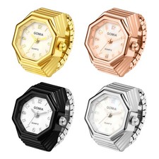 Women Octagonal Quartz Finger Ring Watch Stainless Steel Stretch Band Shell Face