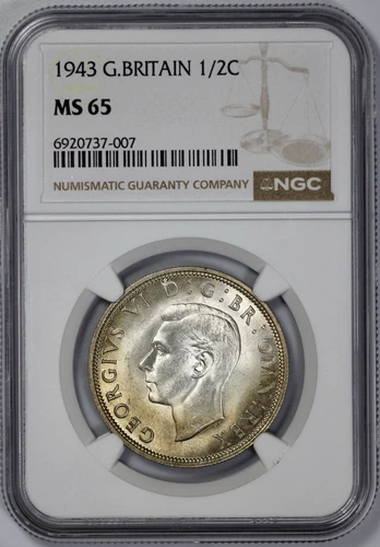 1943 Great Britain Silver 1/2C Half Crown NGC MS 65