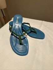 PRADA Vintage Leather Kitten Heel Thong Sandals Blue Green Size 39