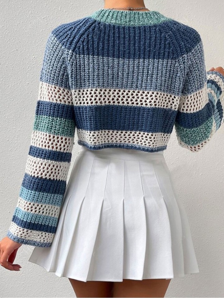 Women's Color Block Striped Hollow Out Knit Pullover Sweater Medium ...