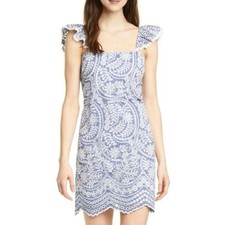 Alice + Olivia Dress Size 4 Summer Eyelet Ruffle Sleeve Chambray Blue Sheath