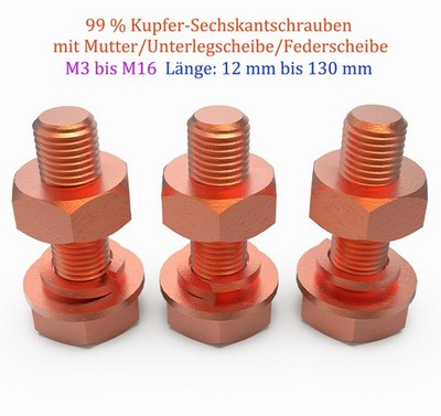 99% T2 Kupfer Sechskantschrauben mit Mutter/Unterlegscheiben/Federringe M3 ~ M16