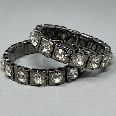 Rhinestone Bangle Bracelet Gray Gunmetal Tone Glass Prong Set Pair Chunky Set 8''