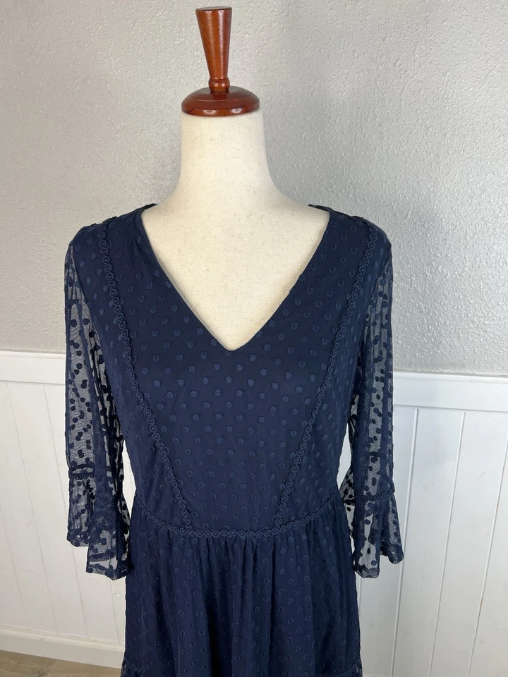 Vestido para mujer Boden Rosanna 12R lunares bordado azul encaje manga campana de té Foto 3 de 4
