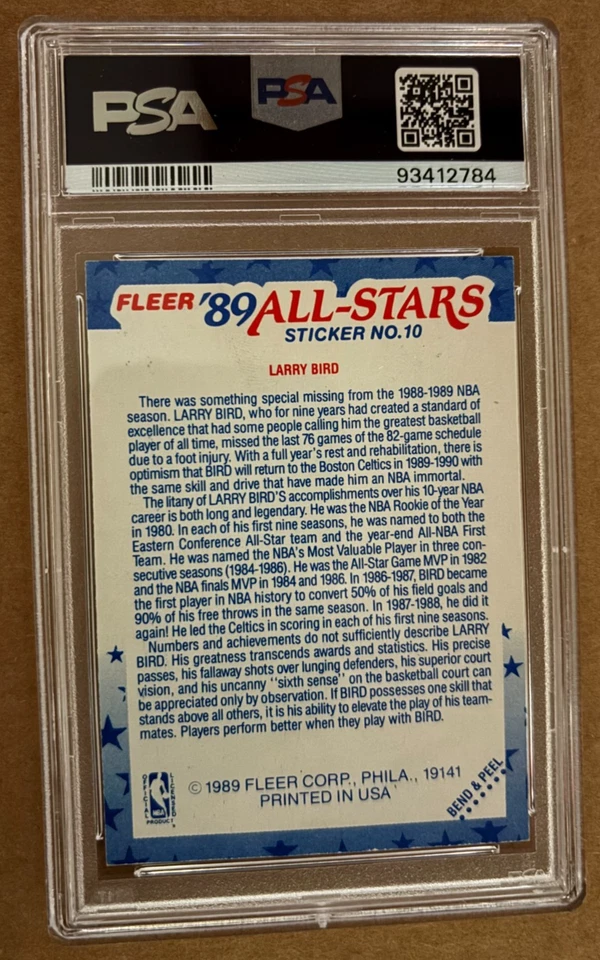 Pegatina de baloncesto Fleer 1989 #10 Larry Bird graduada PSA 9 como nueva Boston Celtics Foto 2 de 2