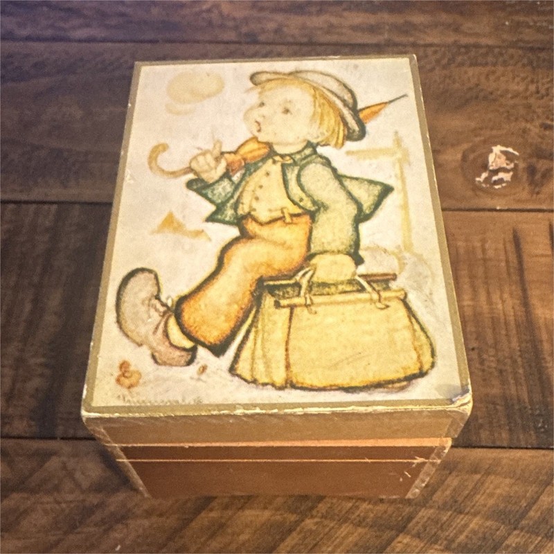 Vintage Toyo Japan Wooden Music Box Boy Flute Suitcase Illustration Collectible
