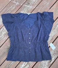 Time And Tru Eyelet Peplum Top Size Large (12-14) Dark Navy NWT Short Sleeves