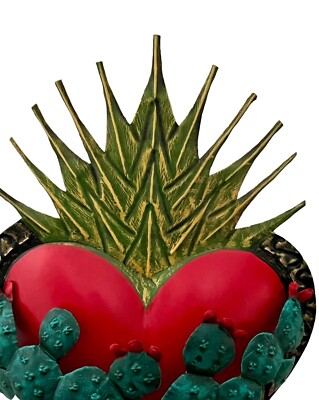 Punched TIN HEART Agave Nopales, Sacred Heart with Flames, CACTUS