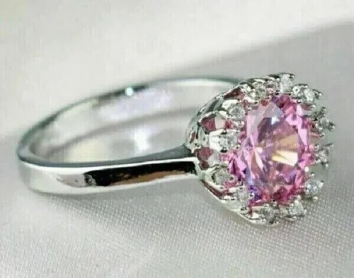 3CT Round Cut Pink Sapphire Solitaire Women Ring Simulated 14K White Gold Plated - Picture 2 of 8