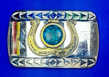 Round Faux Turquoise In Lucky Horseshoe Western Cowboys Belt Buckle