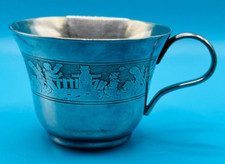 Vintage Metal Childs Engraved cup with handle with winter scene, snowmen etc