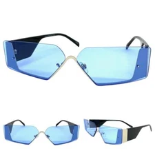 Futuristic Modern Contemporary SUN GLASSES Sleek Design Silver Frame Blue Lens