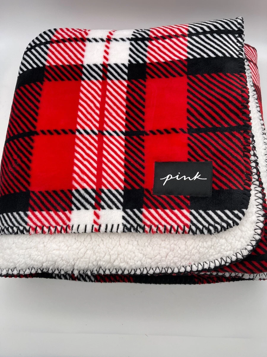 Victoria s Secret Pink Red Black White Plaid Sherpa Plush Throw Blanket 50x60