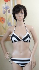CALIFORNIA WAVES black/white stripe halter swim push u top loop tie bottom set,S