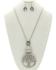  Palm Tree Burnished Silver Tone Long Neck & Earring Set