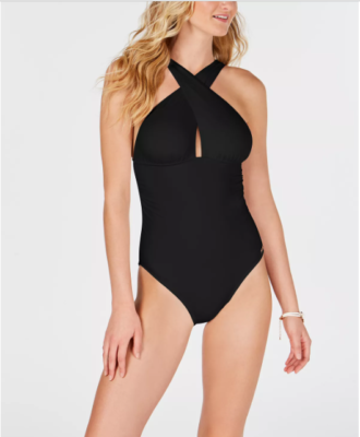 TOP Michael Kors Women Black High Neck Shirred Racerback Swimsuit Size