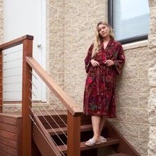 Luxury Velvet Fringe Jacket Coat Kimono Red Bird Printed Kimono Long Robe