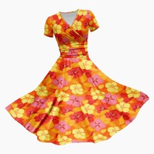 Womens Flower Floral V Neck Midi Dress Summer Short Sleeve Beach Sundress