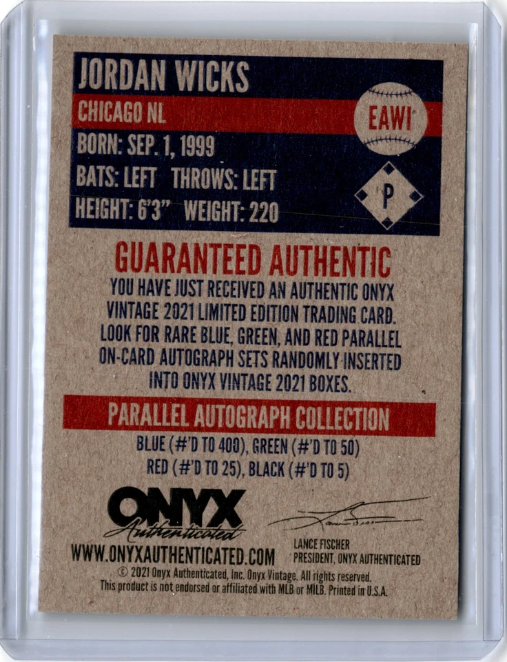 2021 Onyx Vintage Extended Blue Ink Jordan Wicks Auto (B33) A10 Cubs - Image 2 of 2