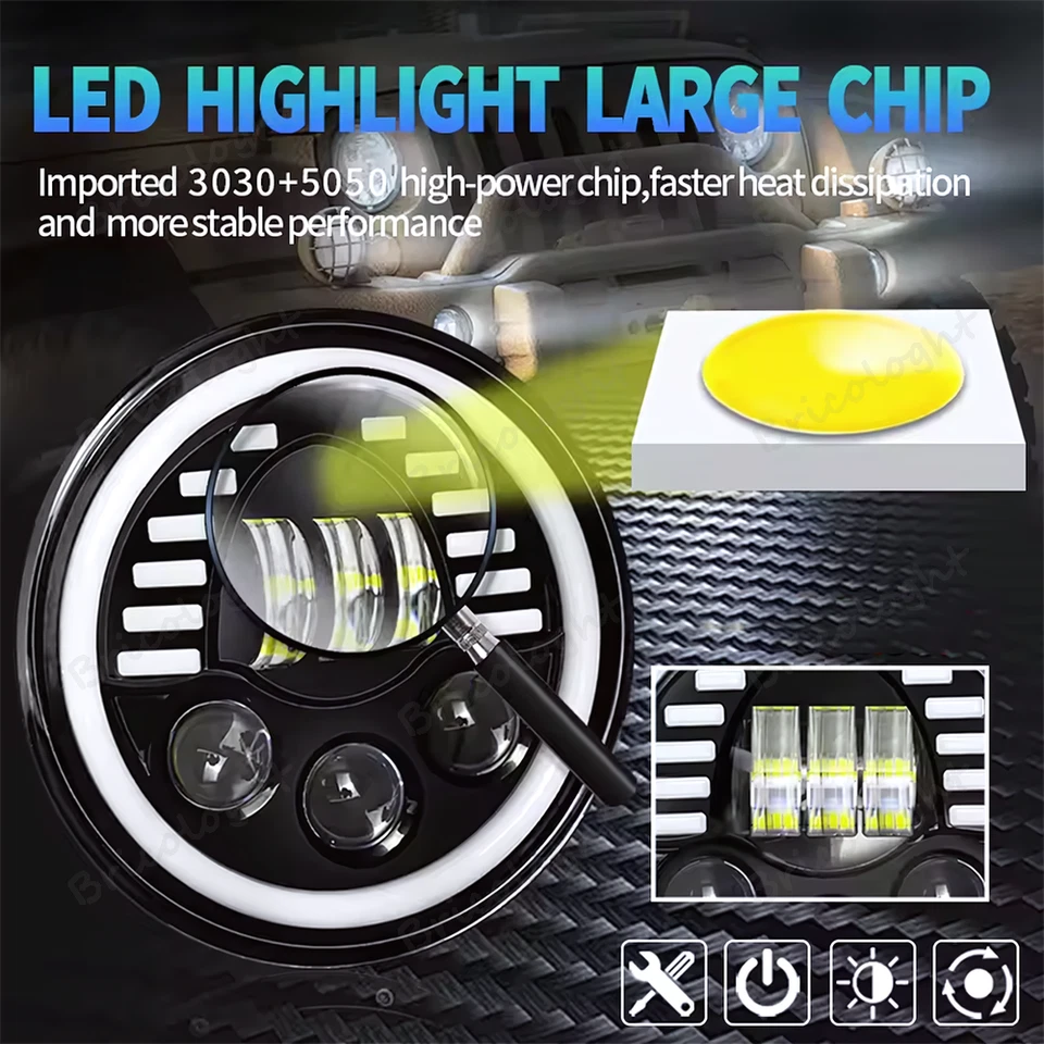 Faro LED redondo 105W 7" haz alto/bajo para camionetas Dodge D100 D200 D300 D400 D450 Foto 3 de 4