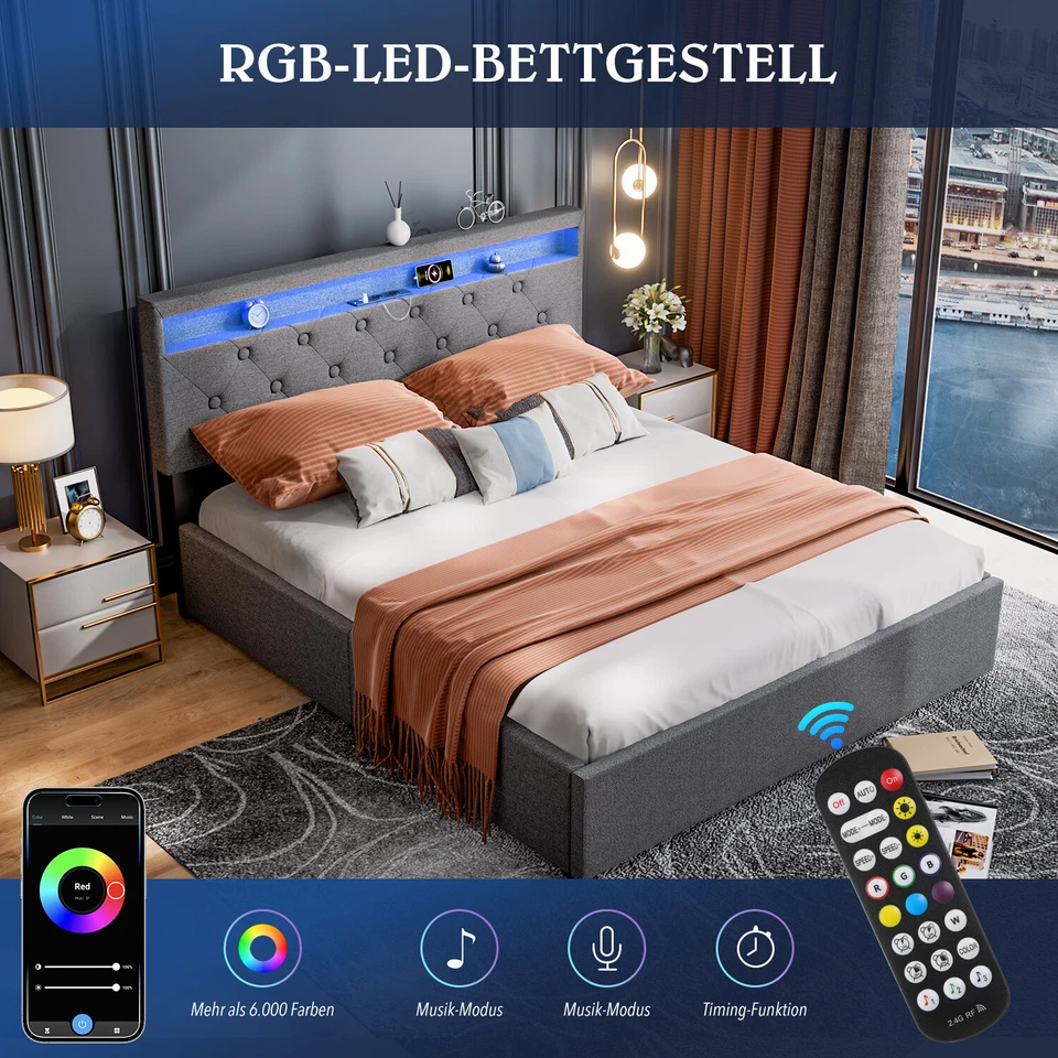 Polsterbett 140x200cm Doppelbett Bettgestell mit Bettkasten USB & LED-Licht DE - Bild 2 von 4