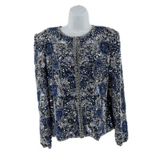 Vintage Black Silk Jacket with a Floral Design Hand Embellished in Blue and Silv