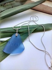 Engraved Inspirational "Dream" Blue Sea Glass Pendant Snake Chain Necklace