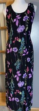 80s Handmade Floral Maxi Dress Sz L Black Purple Back Tie Slits Boho Cottagecore