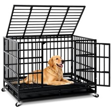 Extra Large Heavy Duty Dog Crate with Wheels Double Door Removable Tray