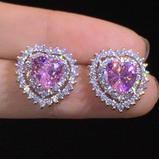 Pink Heart Rhinestone Stud Earrings Women Jewelry