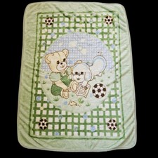 VTG Novatex Green Baby Blanket Soccer Dog Teddy Bear Kids Mink Fleece 41x56