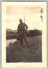 Vtg B&W Snapshot Man in Uniform WWII Outdoors 1940s