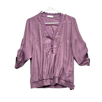 Cache Cache Purple Pintuck Floral Lace Trim Blouse Top Y2K Romantic Size M
