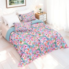 3 PCS Spring Multi Pink Meadow Duvet Cover Queen Size, Washed Fiber Floral Bo...