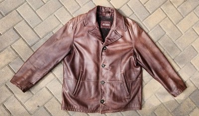 Vintage GUESS Brown Leather Jacket Overcoat Removable Fleece Inner 