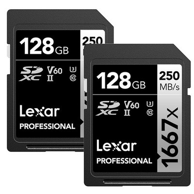 128GB 2-Pack SD Card 1667x UHS-II C10 U3 V60 Full HD 4K 250MB/s Read SDXC