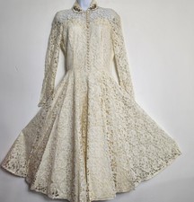Vintage 50s 60s Ivory Lace Wedding Dress Beaded Collar Full Skirt Tea Length