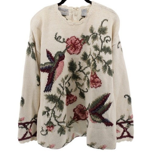 Vintage Northern Isles Cottagecore Grannycore Hummingbird Floral Sweater Size L - Picture 2 of 11