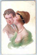 c1910's Romance Sweet Couple Pretty Woman Signed Artist Antique Postcard
