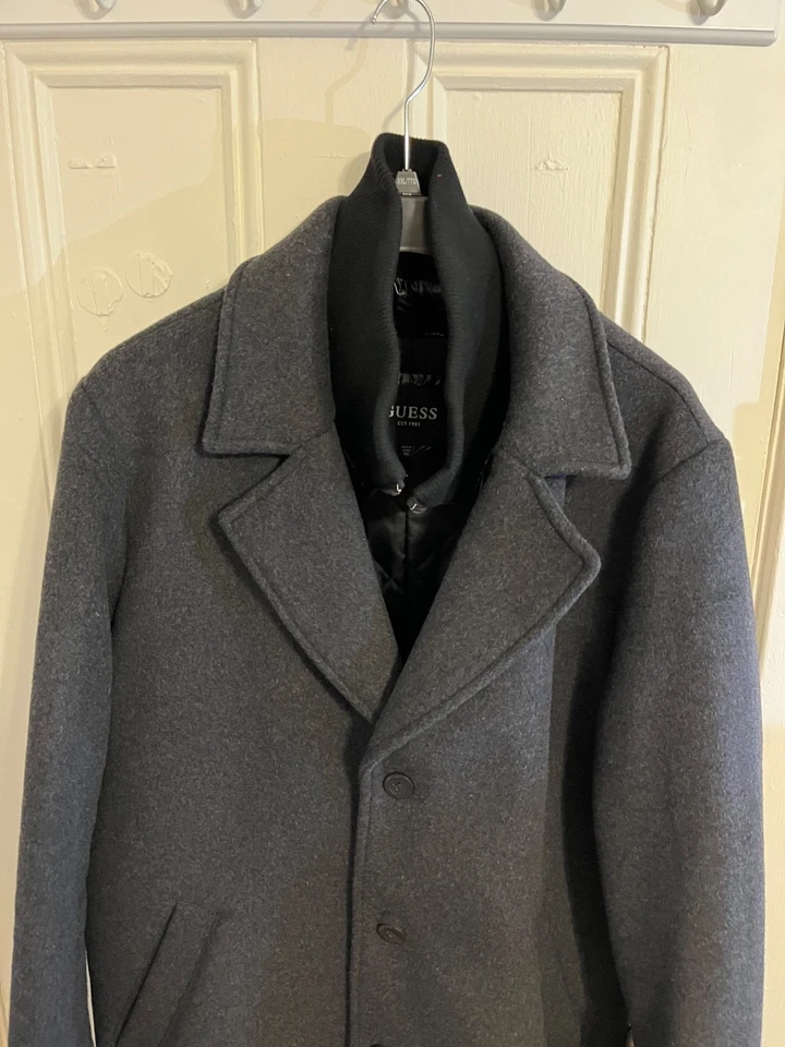 Mens XXL Guess Long Pea Coat Charcoal - Image 3 of 4
