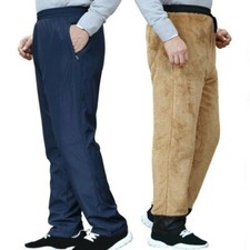 Winter Men Faux Fur Fleece Lining Pants Thermal Quilted Padded Trouser Warm Long